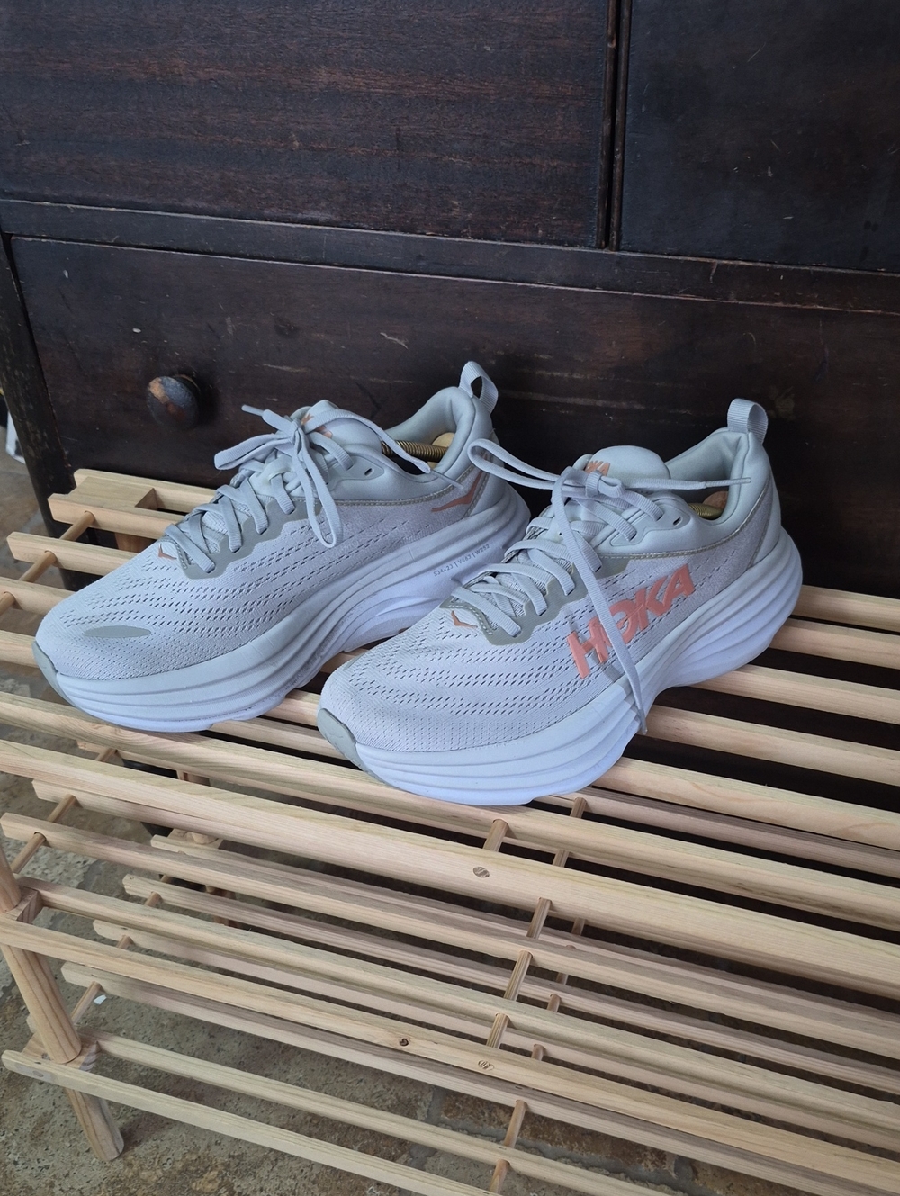 Hoka Womens One One Bond 8 White with Light Coral Logo Athletic Running Shoes